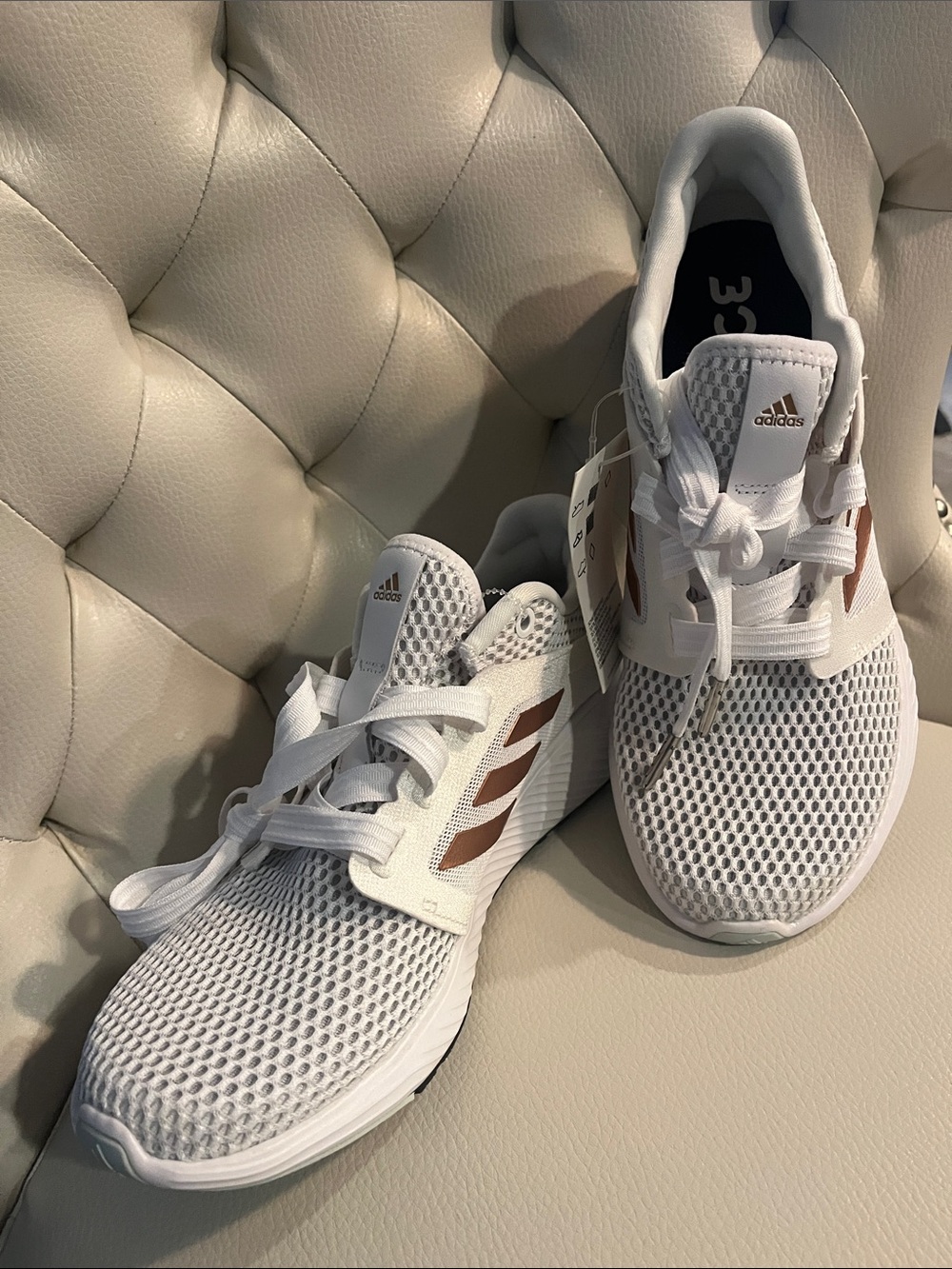 Adidas White Mesh Running Sneakers with Rose Gold Stripes Eye Catching - Picture 2 of 10